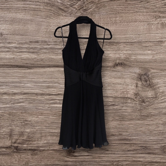 TADASHI Vintage Black Silk Satin Pleated Chiffon Skirt Open Back Dress - Picture 4 of 7